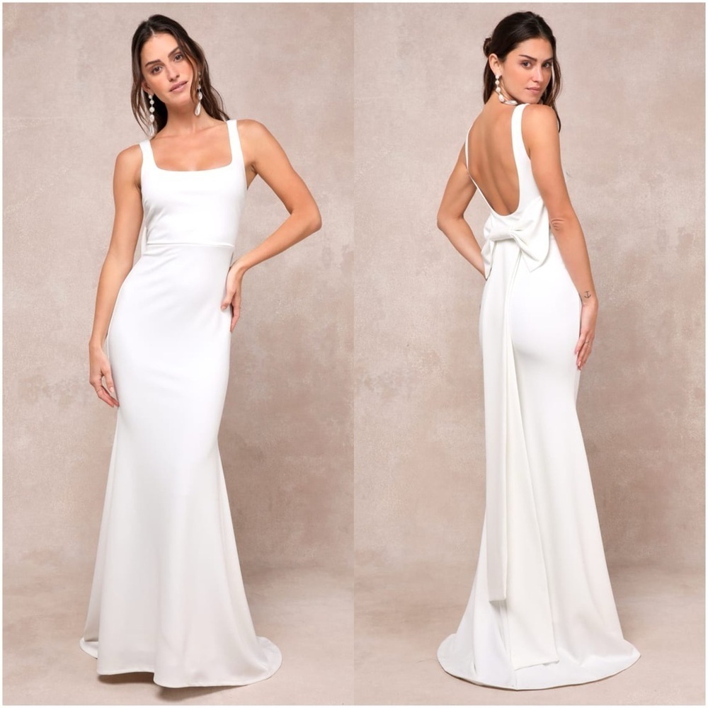 LULU’S Loving Fate White Bow Square Neck Backless Maxi Dress